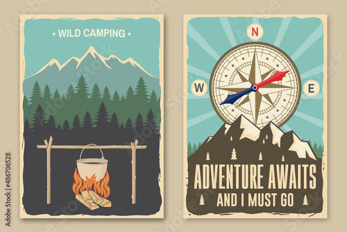 Set of camping retro posters. Vector illustration. Concept for shirt or logo, print, stamp or tee. Vintage typography design with boiling pot at the campfire, forest and camper compass silhouette