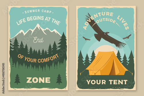 Set of camping retro posters. Vector illustration. Concept for shirt or logo, print, stamp or tee. Vintage typography design with camping tent, forest and mountain silhouette