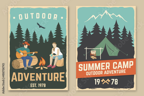 Set of camping retro posters. Vector. Concept for shirt or print, stamp, travel badge. Vintage typography design with camper tent, pot on the fire, axe, mountain, man with guitar silhouette.