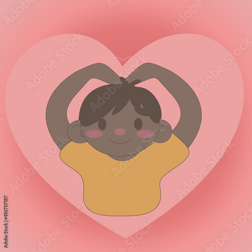 smiling boy showing hands heart in pink heart valentine