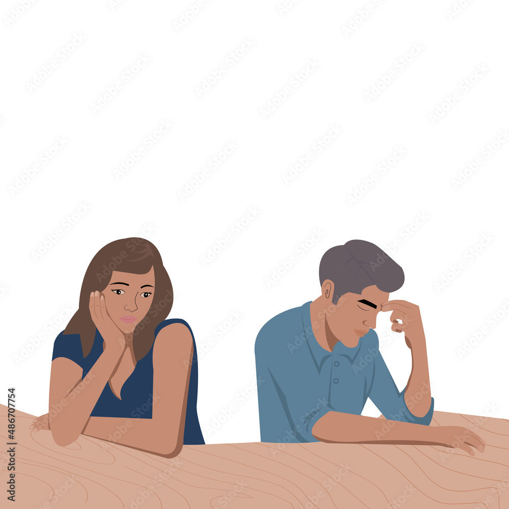 Fototapeta premium Young long hair woman sat on her chin with her boyfriend holding his temples nearby.Couple with embroidery sitting on brown table.Vector isolate flat design concept ideas for family or couple issues.