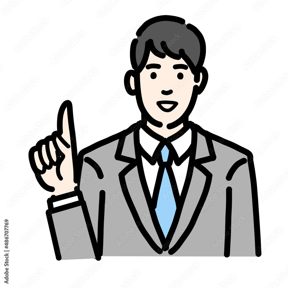 笑顔で人差し指を立てて提案をしているスーツを着た若い男性のバストアップ