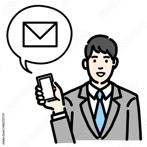 スマートフォンを持ってメールの説明をしているスーツを着た若い男性のバストアップ