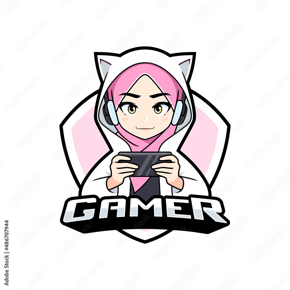Cute hijab gamer girl esport logo mobile gaming vector illustration