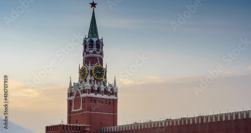 Wonderful view of the Spasskaya clock tower in Moscow on Red Square