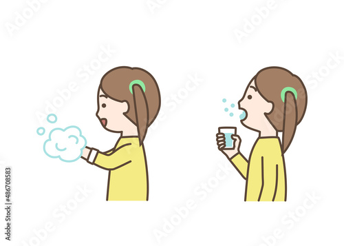 手洗い、うがいをする女の子