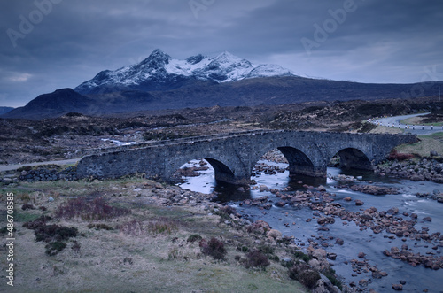 view of old Sligachan Bridge and Cuillins at dusk, Isle of Skye, Scotland
