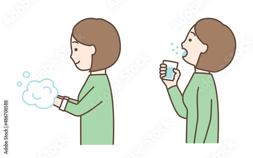 手洗い、うがいをする女性