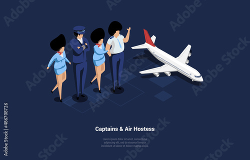 Vector Illustration. Cartoon 3D Style With Character. Isometric Composition On Captains And Air Hostess Concept. Plane Near People. Group Of Characters And Aircraft Vehicle, Infographics Elements
