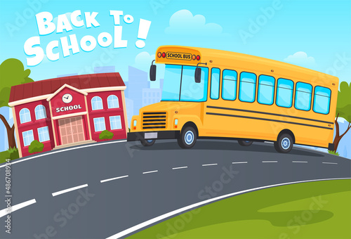 Back to school yellow bus riding street neighborhood vector flat illustration