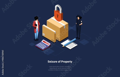 Vector Illustration. Cartoon 3D Style With Character. Isometric Composition On Property Seizure Concept. People Standing Near Cardboard Boxes With Lock. Officer In Uniform, Businessman. Calculator photo