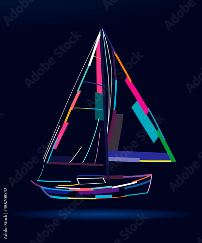 Abstract sailing yacht from multicolored paints. Colored drawing. Vector illustration of paints