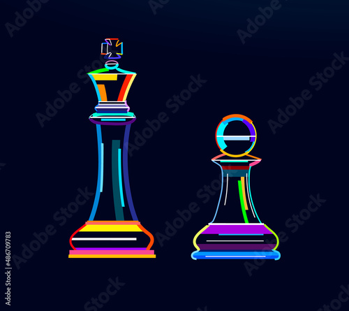 Abstract chess, board game, chess pieces from multicolored paints. Colored drawing. Vector illustration of paints