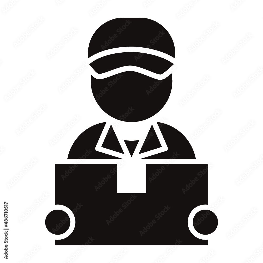 Obraz premium 段ボール箱を持つ配達員のシンプルなアイコン/白背景