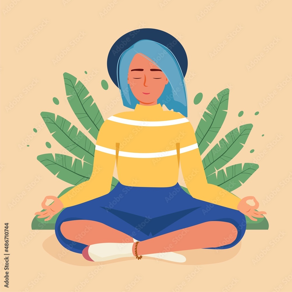 Calm woman with closed eyes and crooked legs meditating in yoga lotus position in nature. Illustration for yoga, meditation, relaxation, rest, healthy lifestyle. Vector flat cartoon illustration