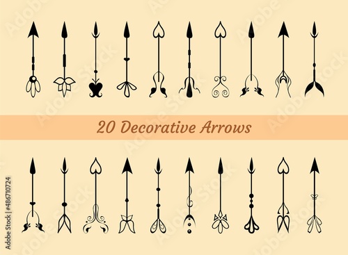 Ornate hand-drawn black arrows. Set of modern vector cursor elements for prints, decoration