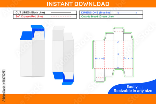 Reverse tuck end Square folding box Dieline template and 3D Box design