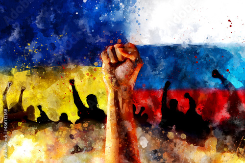 Fototapeta Raised fist up against background of Ukrainian and Russian national flags
