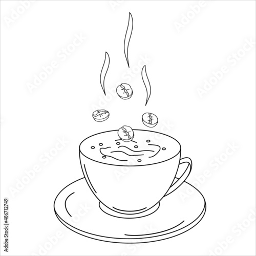 Cup of coffee with coffee beans in doodle style. Black lines on a white background. Vector.