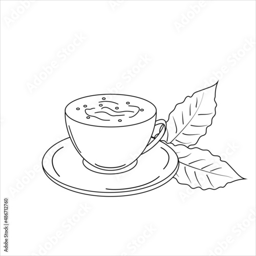 Cup of coffee, tea with two leaves. Doodle style. Black lines on a white background. Vector.