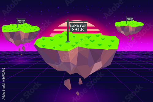 Metaverse virtual reality land for sale in metaverse cyberspace retro science fiction background.