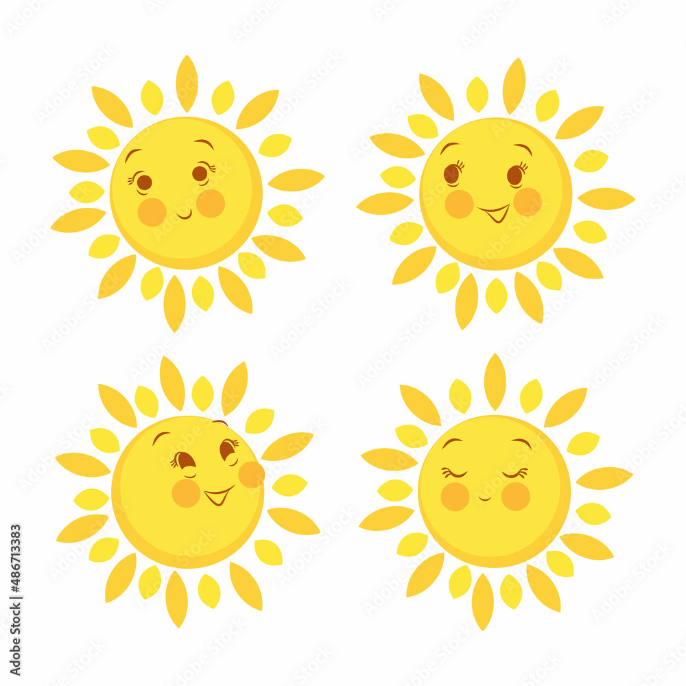 Set of four cute suns with faces. Design for decor. Vector illustration.
