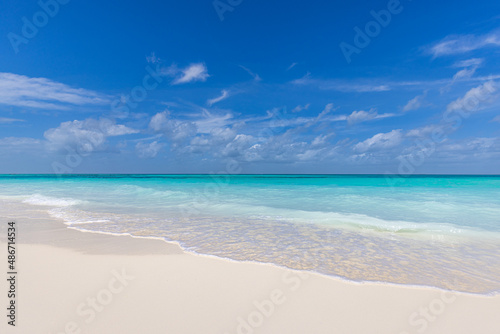 Paradise island beach. Tropical landscape of summer scenery, white sand, blue sea sky. Luxury travel vacation destination. Exotic beach landscape. Amazing nature, relax, freedom nature panorama