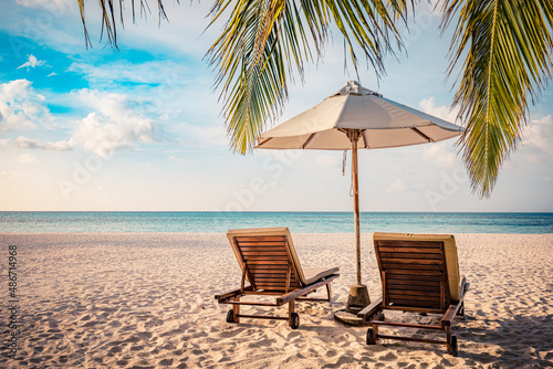 Fantastic beach scene with two sun beds loungers under umbrella and palm leaves. Tropical nature paradise island shore coast sea view, horizon under calm sky. Idyllic summer couple beach landscape