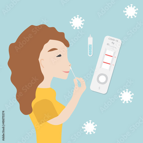 Woman test by nasal swab. Rapid antigen test kit set (ATK) for Covid-19. Vector illustration.