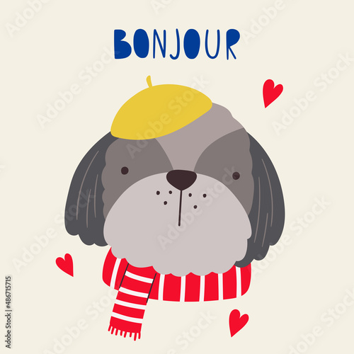 French dog. French style dog. Vector illustration cartoon dog dressed in French style in beret. Good for posters, t shirts, postcards.