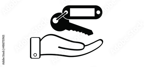 Cartoon open hand giving keys. Open hand palm icon or logo. Supporting. Outline valet key plastic keyring and label. Empty label for hotel, work, home or house bunch key. Door key sign. Door keys.