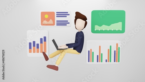 3D Illustration Rendering Marketing Man Target Laptop Advertisement Analytics Engagement Statistics Strategy E Commerce Retail Online Graph Wallet Credit Card Report Promotion Media Data Growth