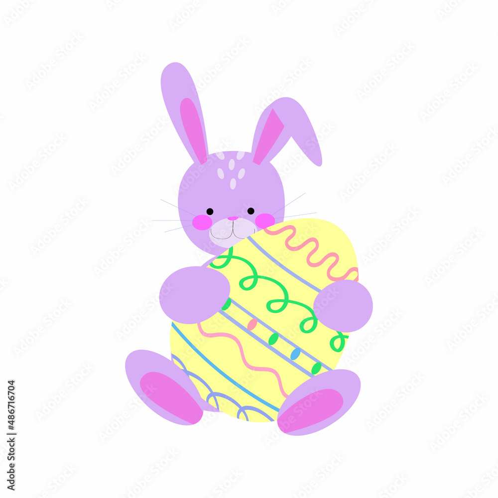 Obraz premium Bright cute rabbit with an Easter decorated egg. Cute vector rabbit isolated on white background.Funny children's flat easter hare.