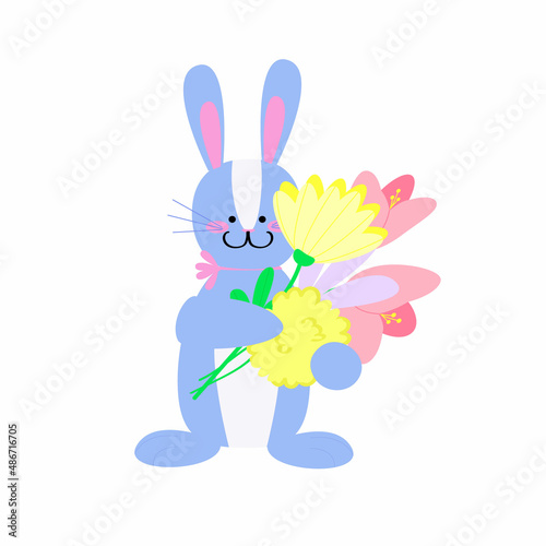 Cute rabbit with bouquet of flowers. Vector funny bunny isolated on white background.