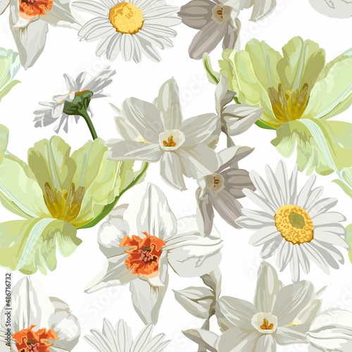 Floral Seamless spring Pattern with narcissus  camomile flowers and leaves. Blooming Flowers on white Background. 