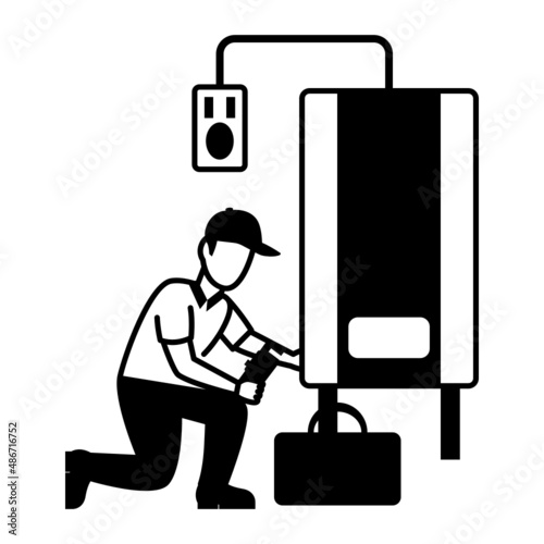 Man Holding Wrench and Fixing tank less heater Vector Icon Design, Plumber equipment Symbol, Handyman  Work Sign, Sanitary technician Stock illustration, Water Heater or Combi Boiler Repair Concept