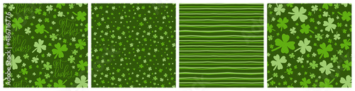 Shamrock background set. Seamless pattern collection for Saint Patrick's day spring holiday with four-leaf clover and get lucky calligraphy text.