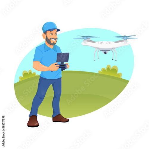 A young man flying a drone with remote control. Caucasian man operating a drone with remote control. The cheerful man controlling a drone.
