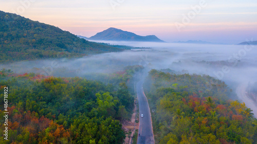 Aerial view from drone of fog over the forest road in sunrise