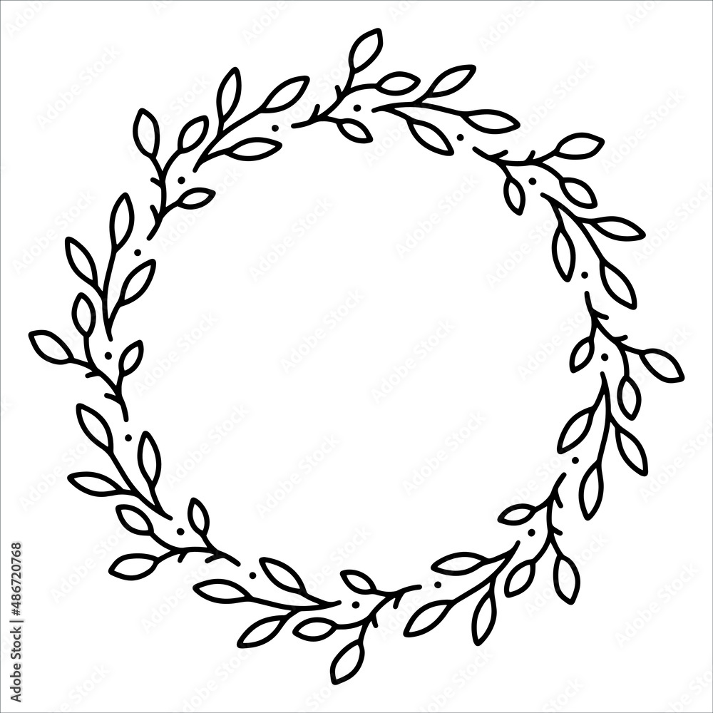 Vector hand drawn spring wreath isolated on white background. Outline circle of leaves. Doodle style. Floral frame.