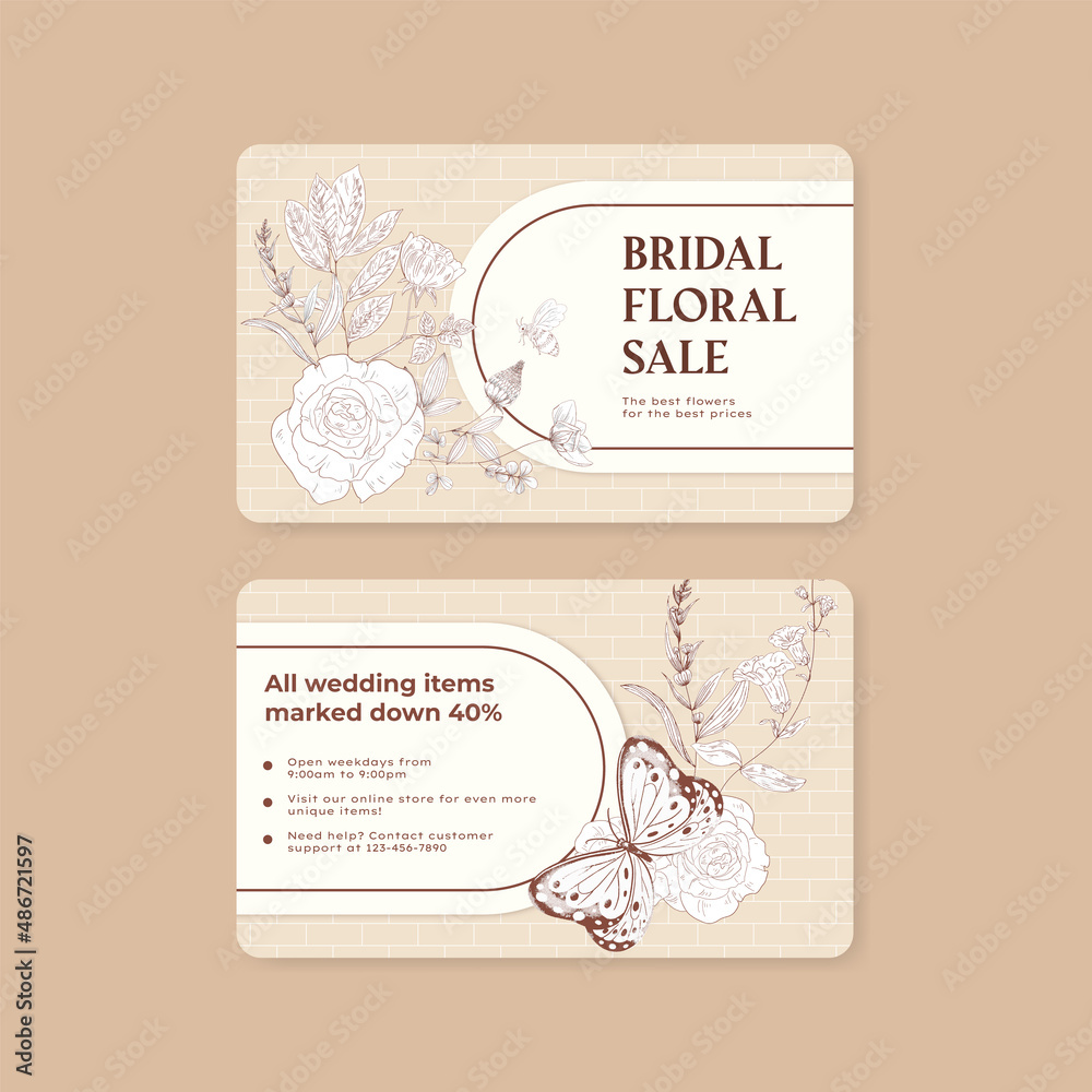Name card template with spring wild flower concept,line art style Name card template with spring wild flower concept,line art style