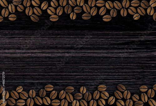 many roasted coffee beans ornament on a wooden background illustration