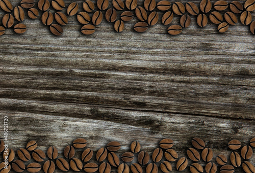 many roasted coffee beans ornament on a wooden background illustration