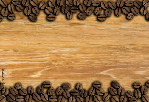 many roasted coffee beans ornament on a wooden background illustration