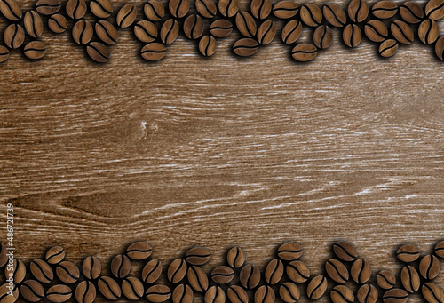 many roasted coffee beans ornament on a wooden background illustration