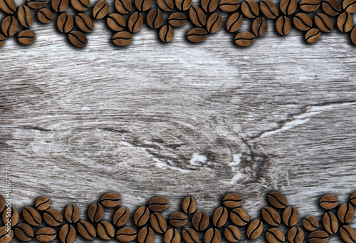 many roasted coffee beans ornament on a wooden background illustration