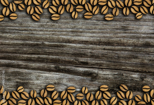 many roasted coffee beans ornament on a wooden background illustration