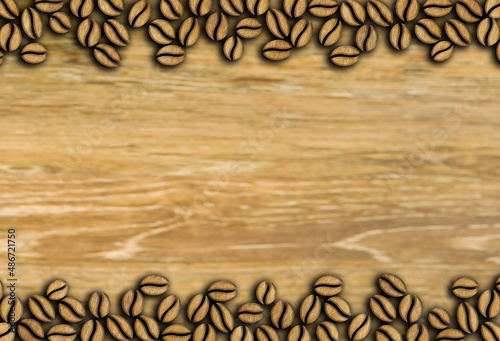 roasted coffee beans with wooden spoon on a wooden background top view