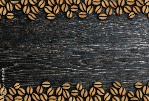many roasted coffee beans ornament on a wooden background illustration