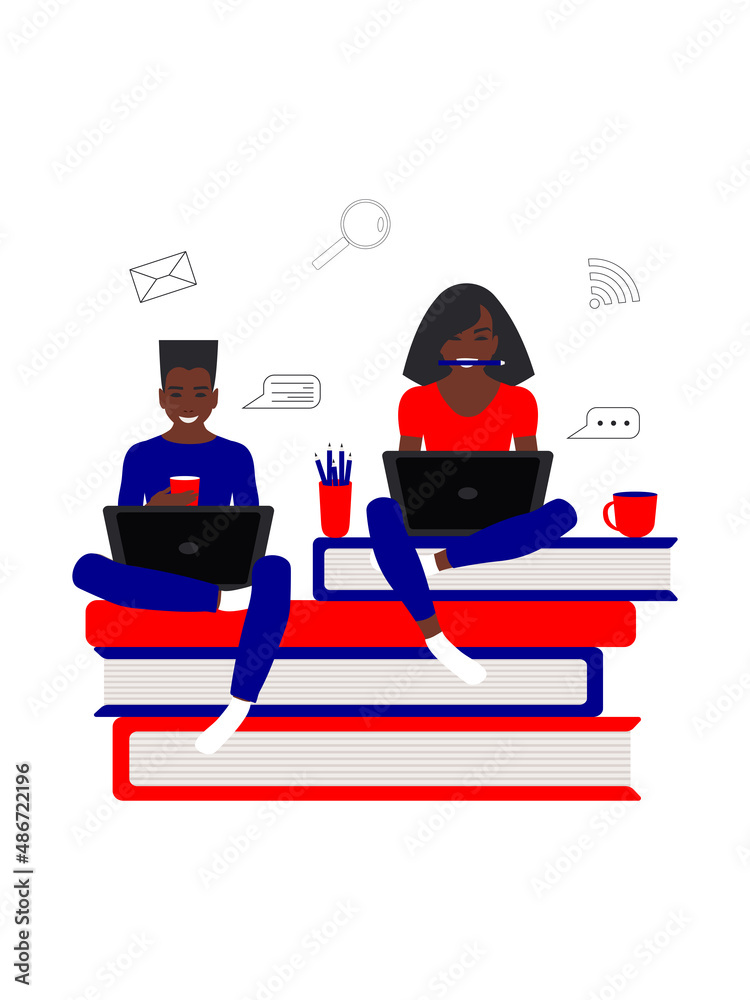 African American cheerful students, a guy and a girl, are sitting with laptops on books. Online education concept in flat style in red and blue color isolated on white background. Stay at home. 